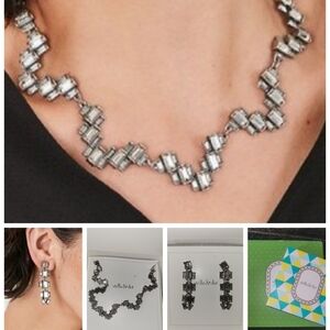 Stella & Dot Hatley Baguette Necklace & Earrings Set Silver With Box